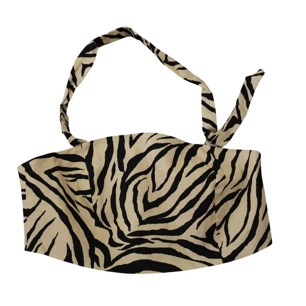 Topshop Halter Crop Top Zebra Print Linen Blend Tan Black Size US 10 NEW Party
